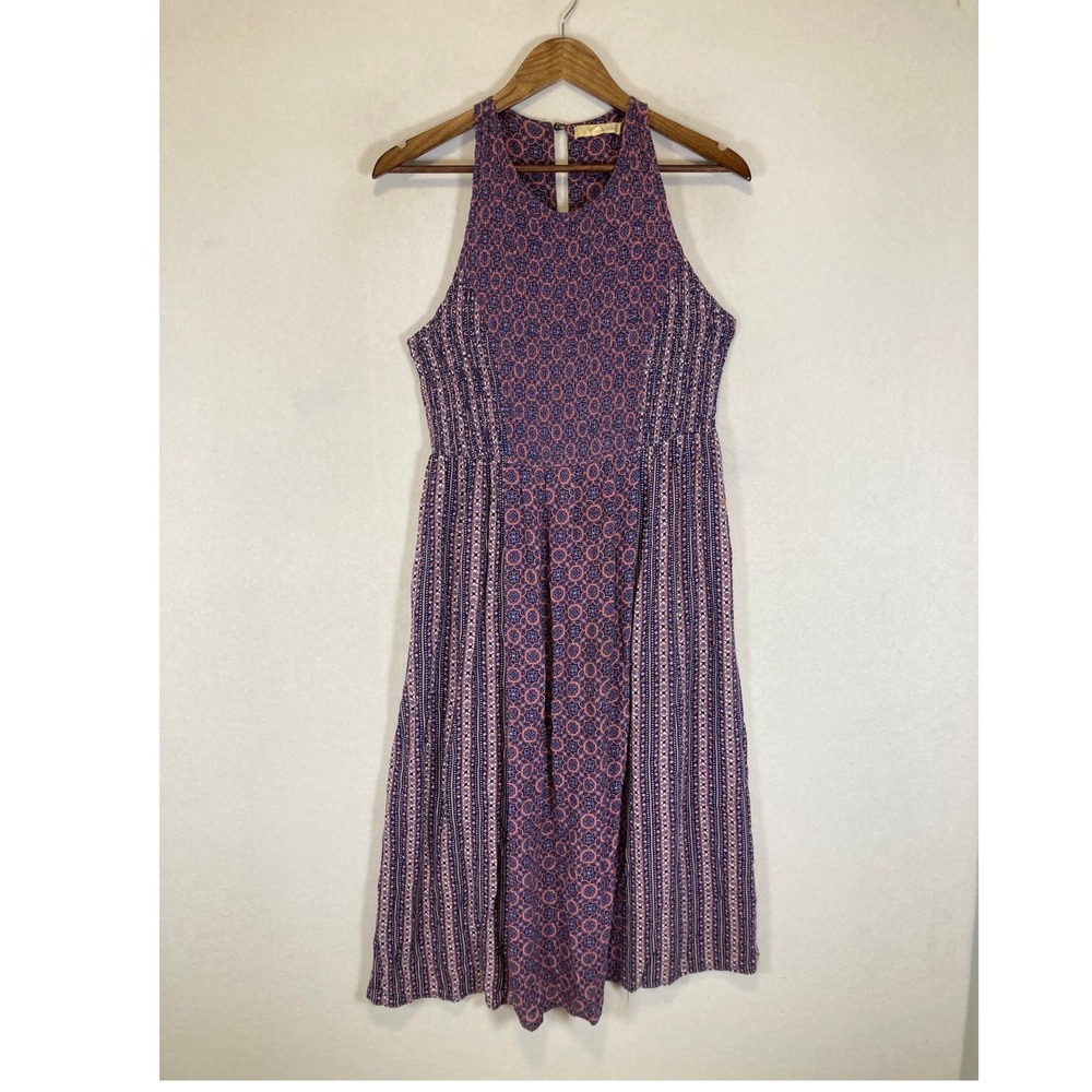 Boho Festival Rewind Womens Size Medium Purple Mixed Print Smocked‎ Halter Dress